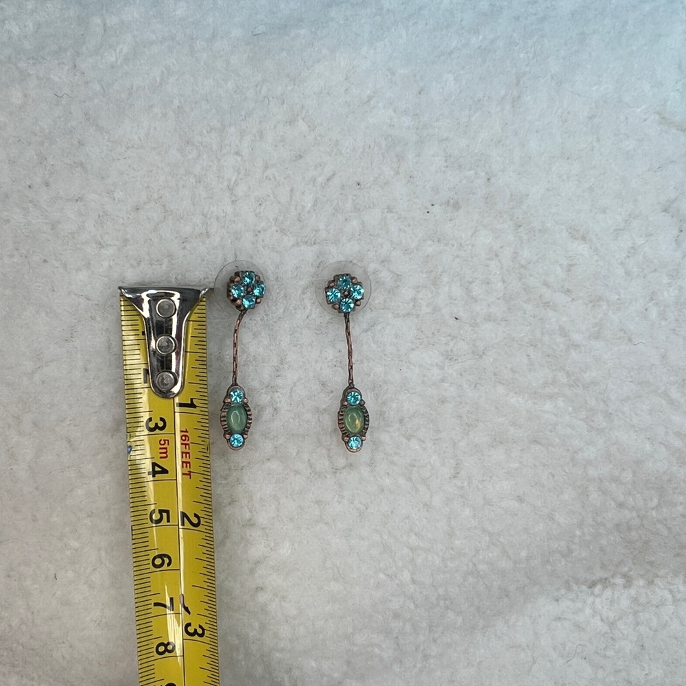 Turquoise Crystal Drop Earrings • Vintage Boho Dangle • Pierced Ears - Picture 5 of 6